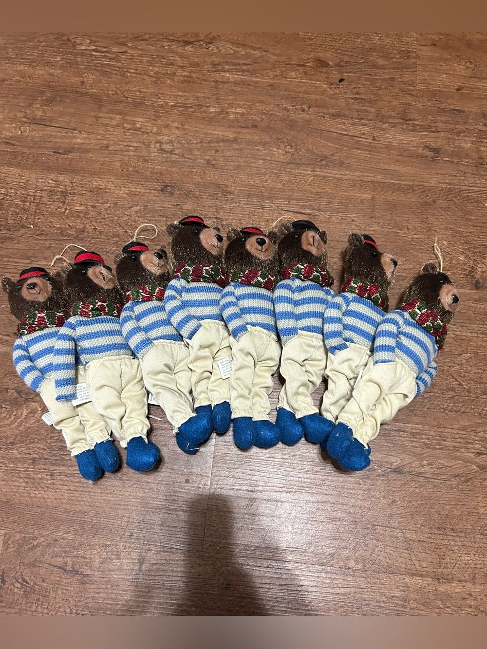 Dillard’s Teddy Bear Christmas Ornaments Lot of 8 Plush Blue Stripe Holiday Bear